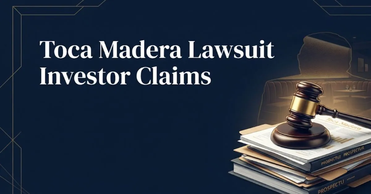 Toca madera lawsuit investor claims banner with gavel on legal documents and navy background