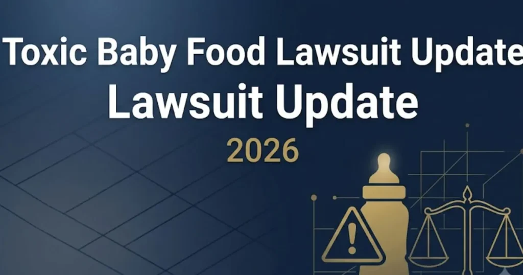 Toxic baby food lawsuit update 2026 editorial banner with legal scales and baby bottle silhouette on navy background