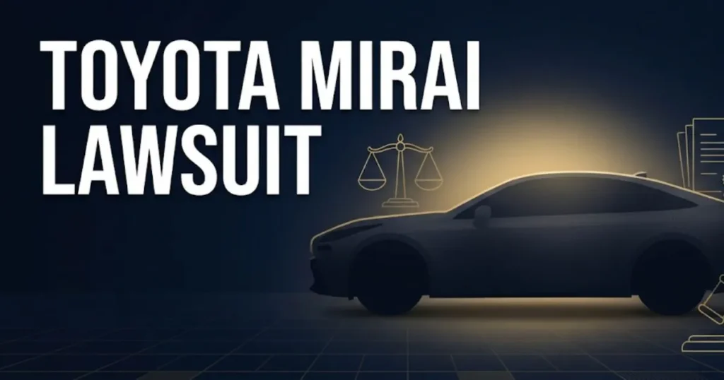Toyota Mirai lawsuit 2026 hero banner with legal symbols and hydrogen car silhouette