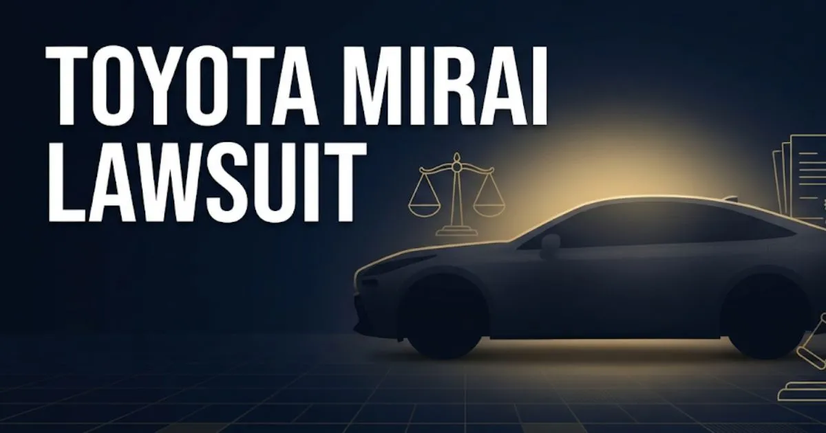 Toyota Mirai lawsuit 2026 hero banner with legal symbols and hydrogen car silhouette
