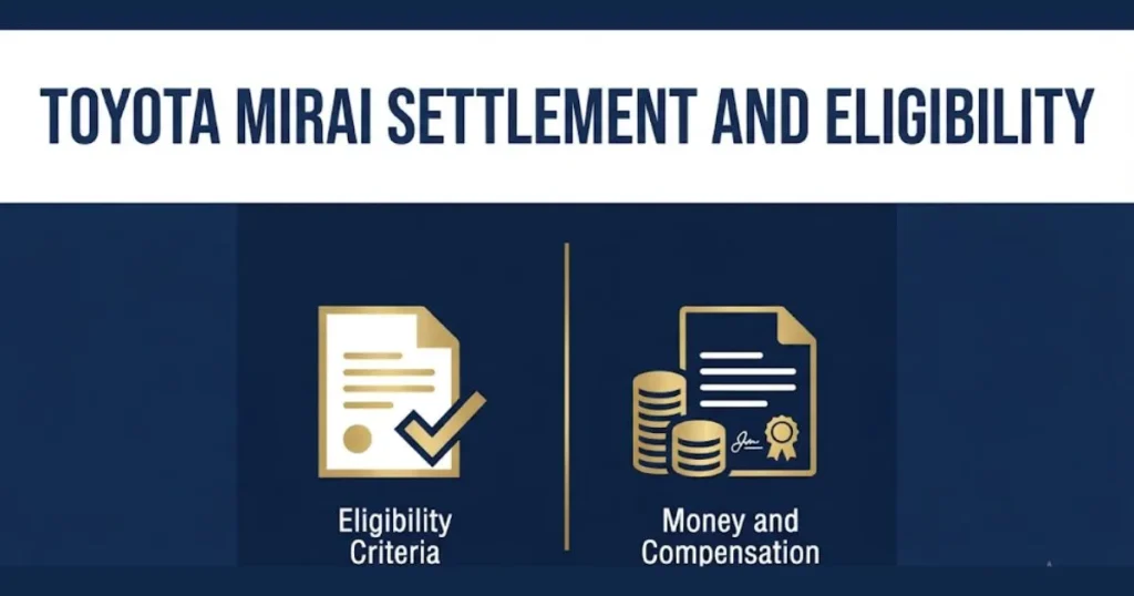 Toyota Mirai lawsuit eligibility and settlement infographic with legal document icons