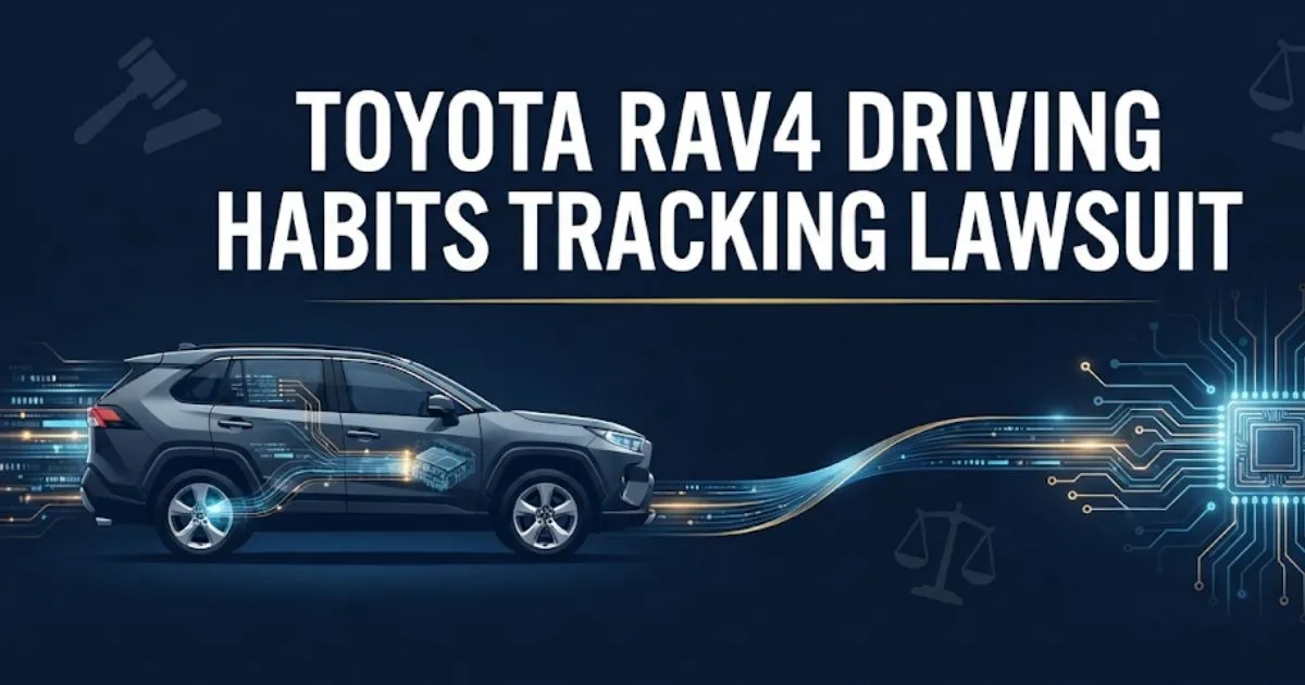 Toyota RAV4 driving habits tracking lawsuit hero banner with legal icons