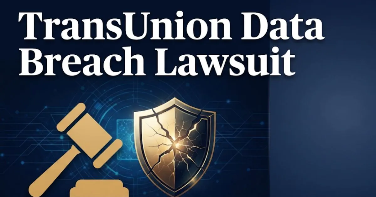 TransUnion data breach lawsuit 2026 guide with legal gavel and data shield graphic