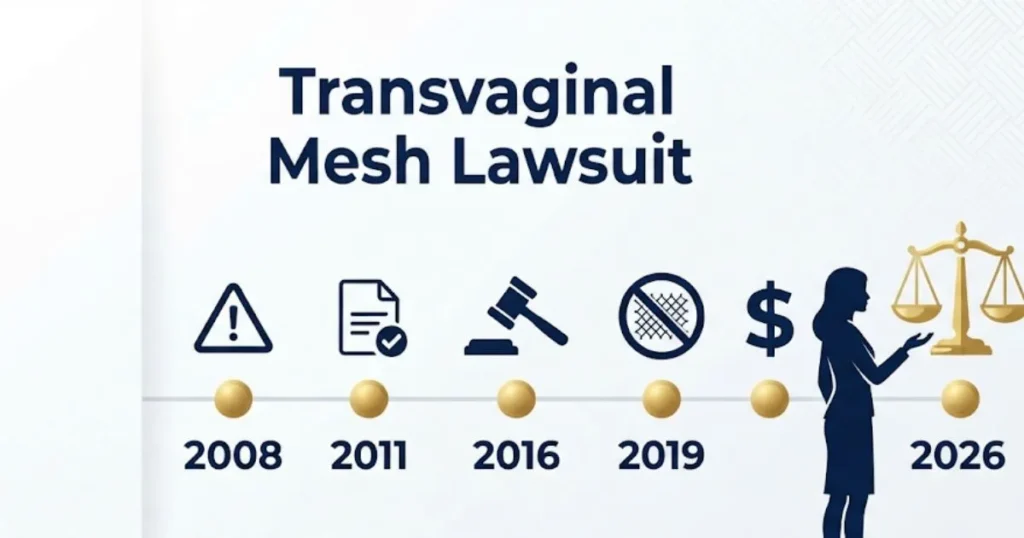 Transvaginal mesh lawsuit timeline infographic showing key dates from 2008 to 2026 with legal icons