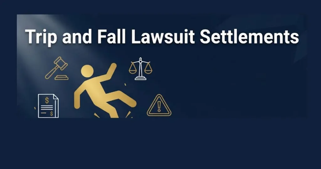 Trip and fall lawsuit settlements 2026 guide with legal icons and fall silhouette on navy background