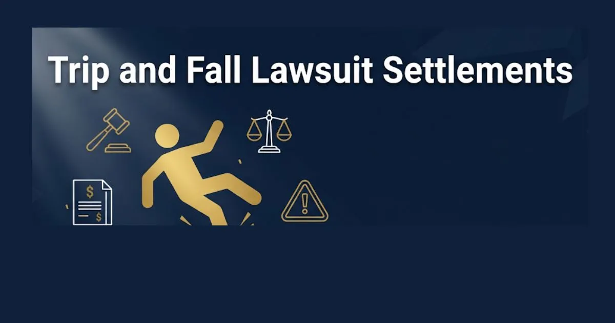 Trip and fall lawsuit settlements 2026 guide with legal icons and fall silhouette on navy background