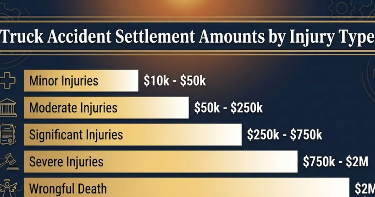 Truck accident lawsuit settlements 2026 guide banner with legal scales and semi-truck silhouette (1)