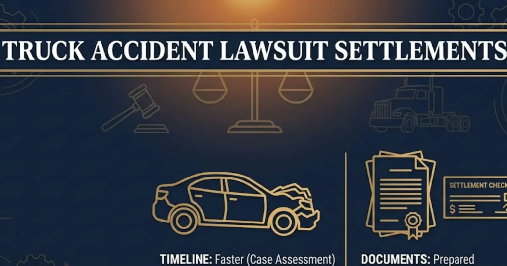 Truck accident lawsuit settlements 2026 guide banner with legal scales and semi-truck silhouette