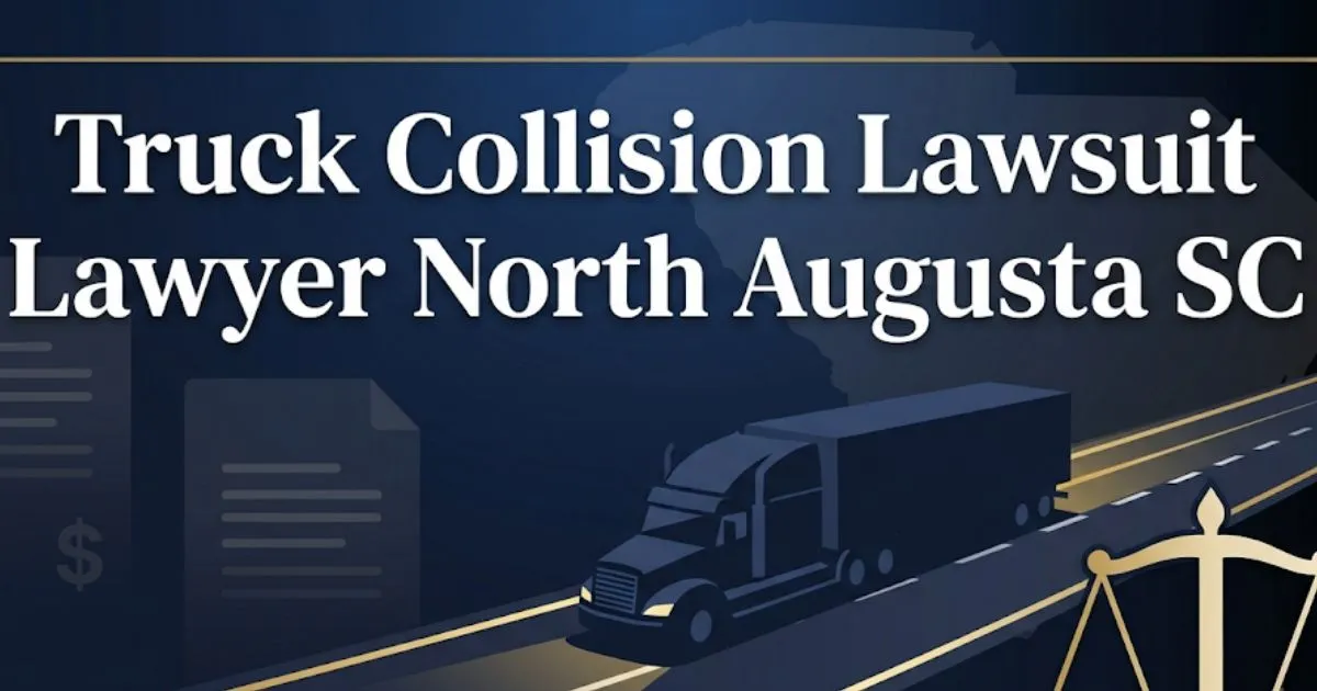 Truck collision lawsuit lawyer North Augusta SC 2026 hero banner with highway silhouette and legal scale icon