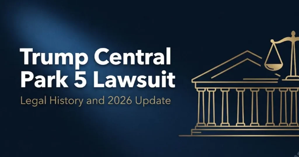 Trump Central Park 5 lawsuit legal history 2026 banner with courthouse silhouette and scales of justice on navy background