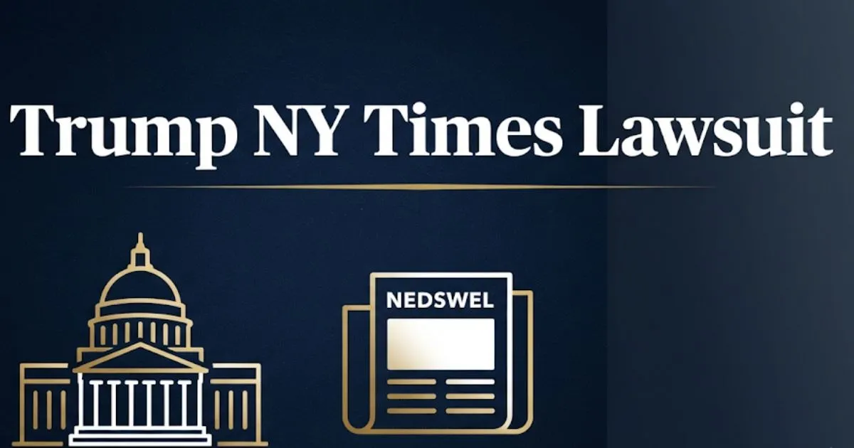 Trump NY Times lawsuit legal breakdown 2026 banner with courthouse and newspaper icons on navy background