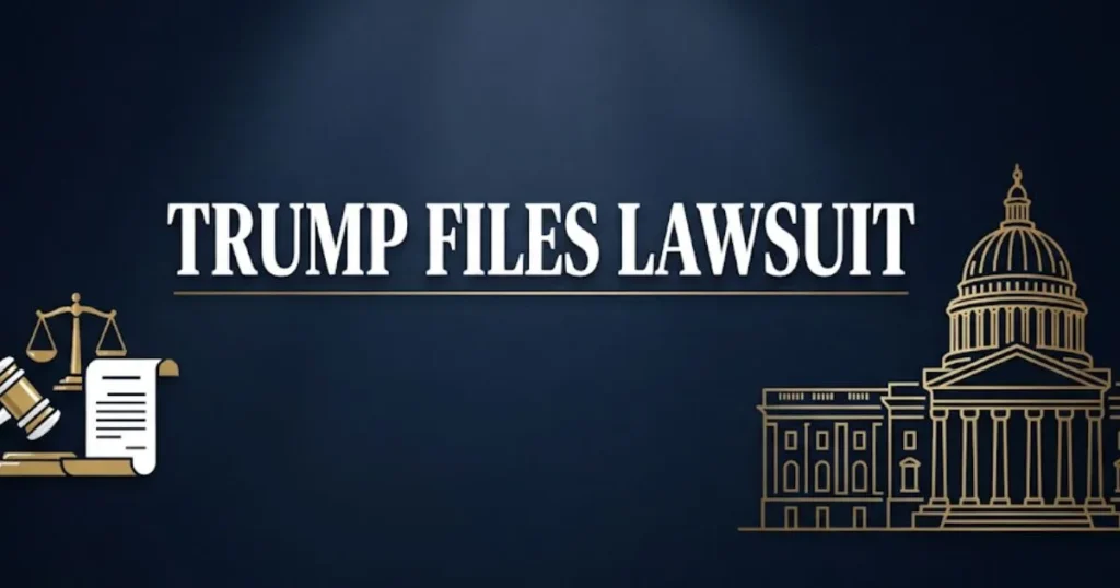 Trump files lawsuit 2026 blog banner showing courthouse silhouette, legal icons, and bold headline text on navy background