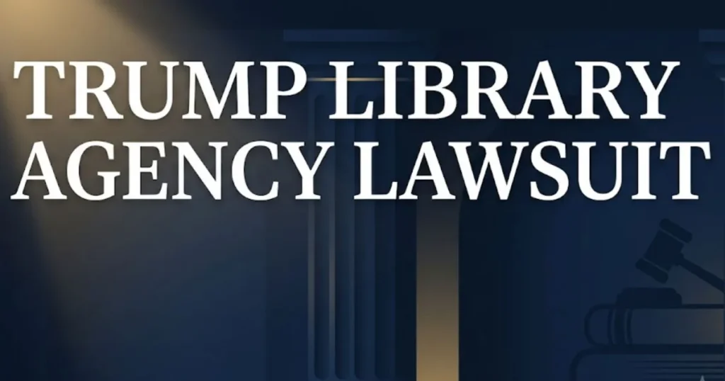 Trump library agency lawsuit 2026 legal challenge hero banner with courthouse backdrop and bold headline text