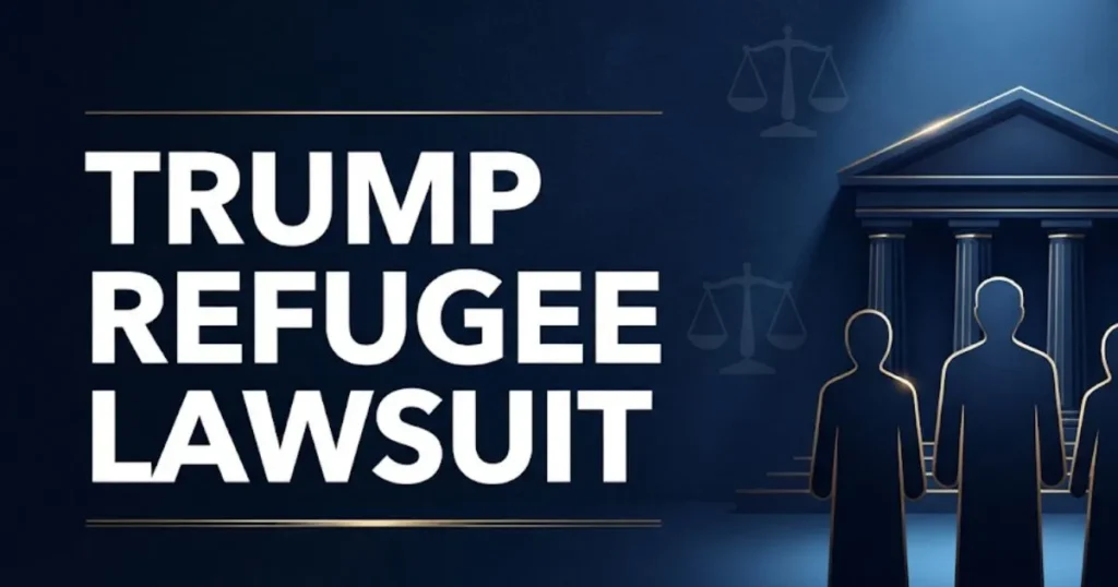 Trump refugee lawsuit 2026 court rulings explained, featuring courthouse silhouettes and legal scales on navy background