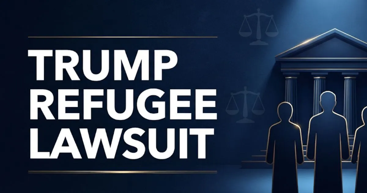 Trump refugee lawsuit 2026 court rulings explained, featuring courthouse silhouettes and legal scales on navy background