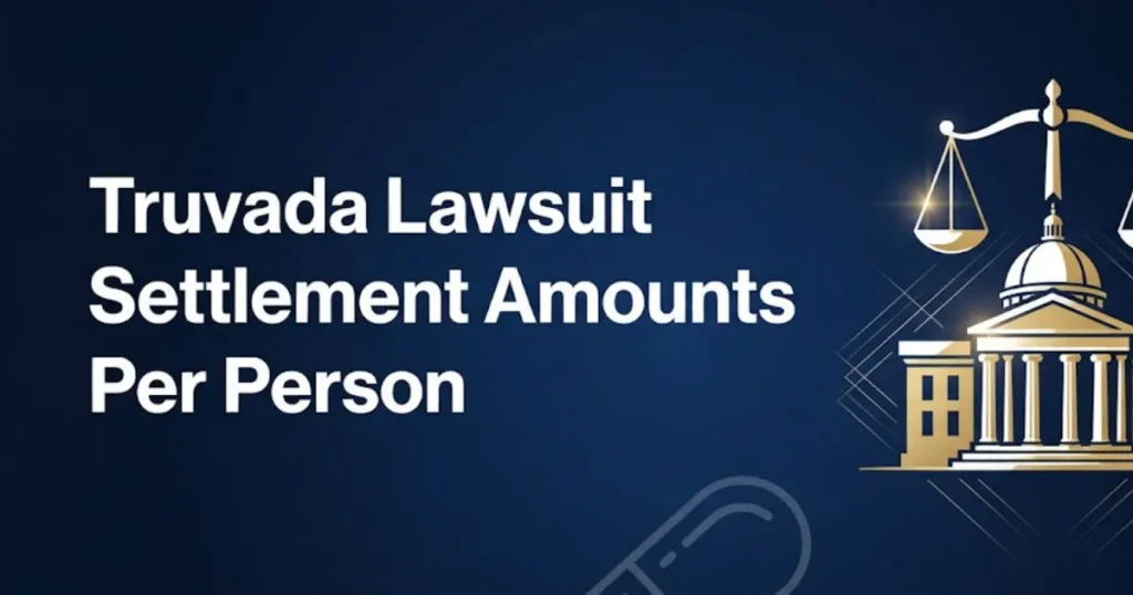 Truvada lawsuit settlement amounts per person hero banner with courthouse and legal scales graphic