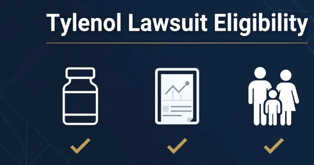 Tylenol lawsuit eligibility infographic for Texas claims with icons and checklist