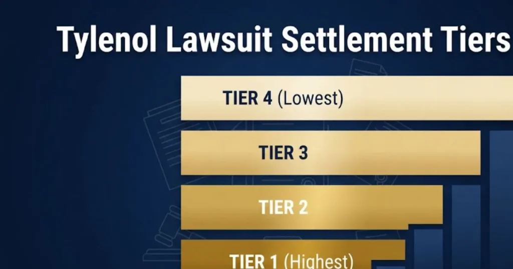 Tylenol lawsuit settlement tiers infographic showing payout levels per person