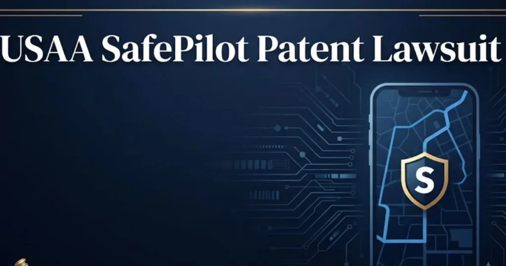 USAA SafePilot patent lawsuit hero banner with gavel and smartphone telematics icons
