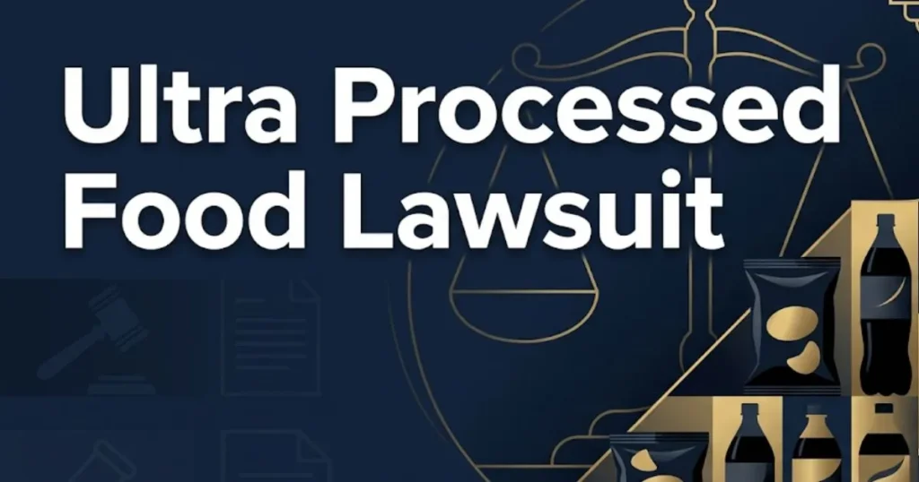 Ultra processed food lawsuit 2026 hero banner with legal symbols and packaged food silhouettes