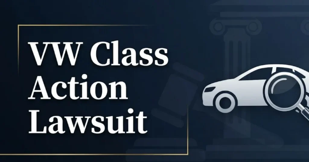 VW class action lawsuit 2026 updates banner with legal symbols and car silhouette