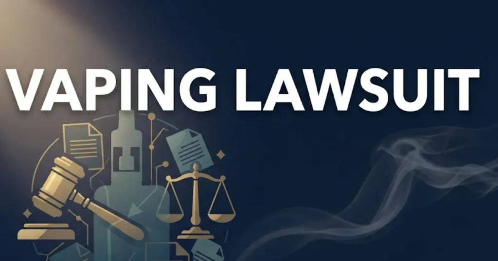 Vaping lawsuit 2026 hero banner with gavel and e-cigarette legal imagery