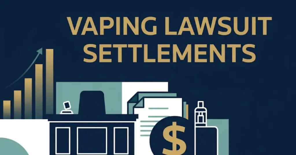 Vaping lawsuit settlement amounts graphic with courtroom and payout visuals