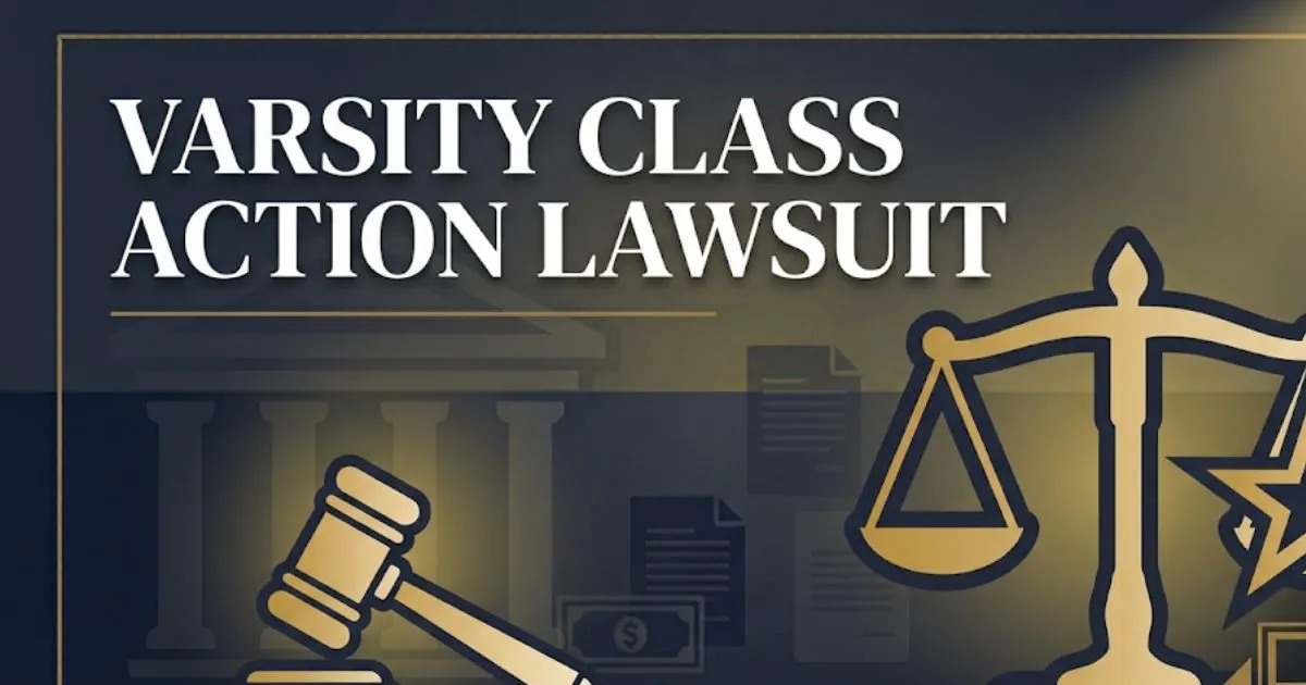 Varsity class action lawsuit blog banner with gavel icon and legal document background in navy and gold