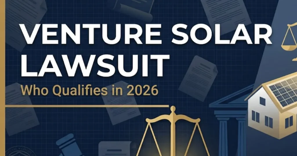 Venture solar lawsuit 2026 blog banner showing house silhouette with solar panels and legal scales icon on navy background.