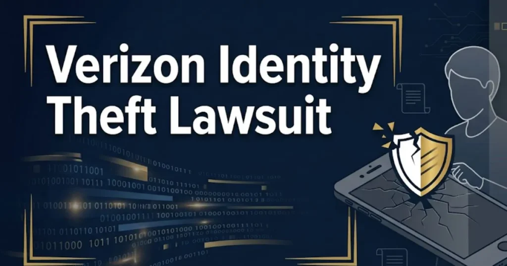 Verizon identity theft lawsuit 2026 guide banner with legal and data breach themed design