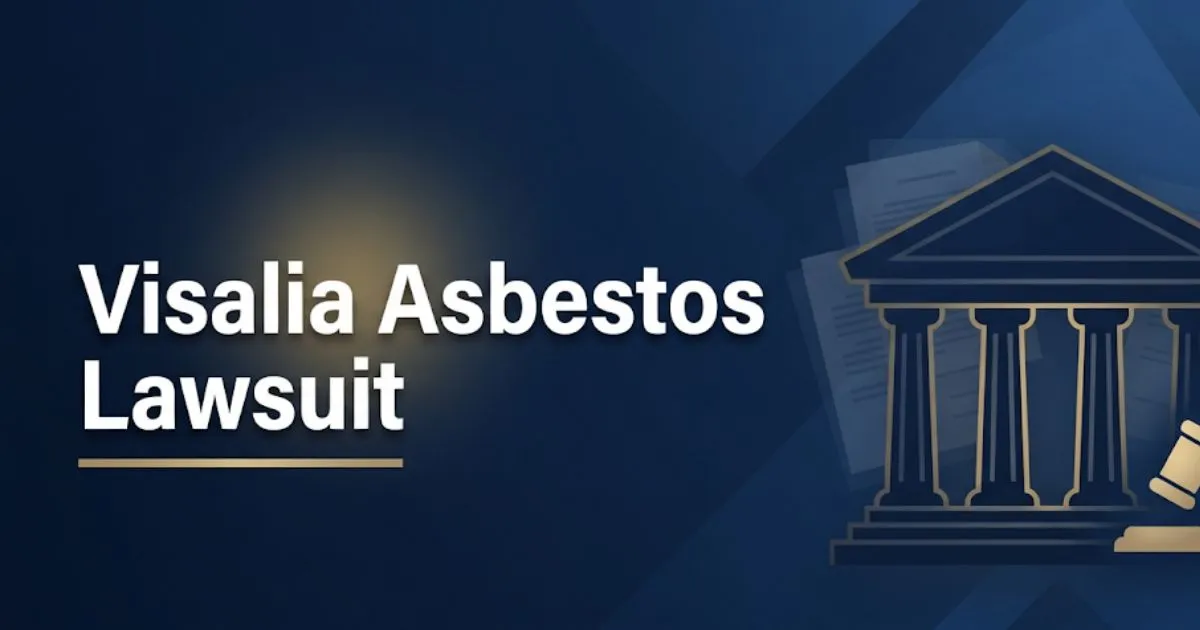 Visalia asbestos lawsuit hero banner with courthouse silhouette and legal document icons in navy and gold