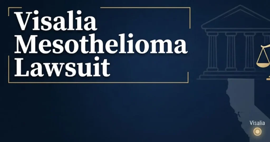 Visalia mesothelioma lawsuit 2026 legal guide hero banner with courthouse silhouette and California map