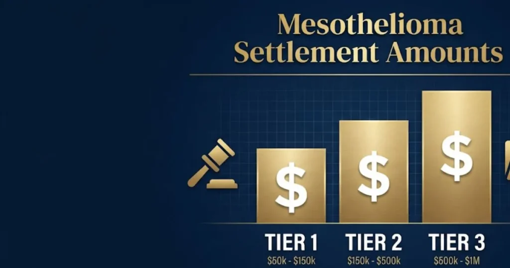 Visalia mesothelioma settlement amounts comparison chart with compensation tiers and legal icons