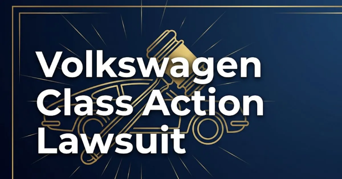 Volkswagen class action lawsuit 2026 hero banner with gavel and car silhouette on navy background