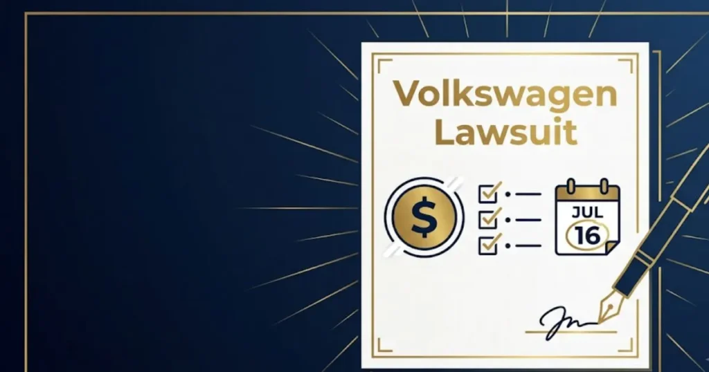 Volkswagen lawsuit settlement document graphic with payout icons and eligibility checklist