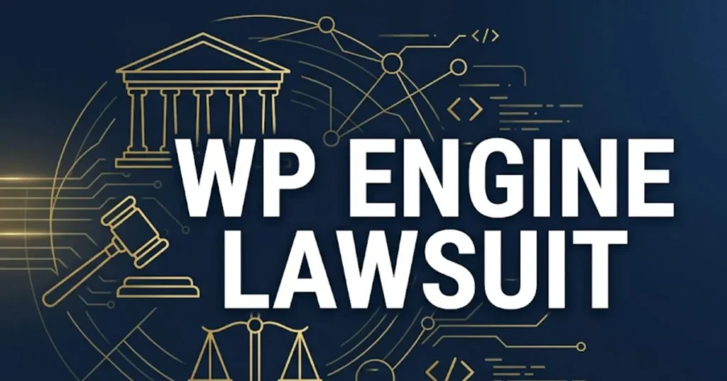 WP Engine lawsuit 2026 hero banner with legal symbols and tech imagery