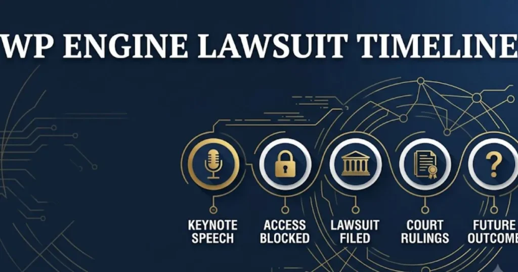 WP Engine lawsuit timeline infographic showing key events from 2024 to 2026