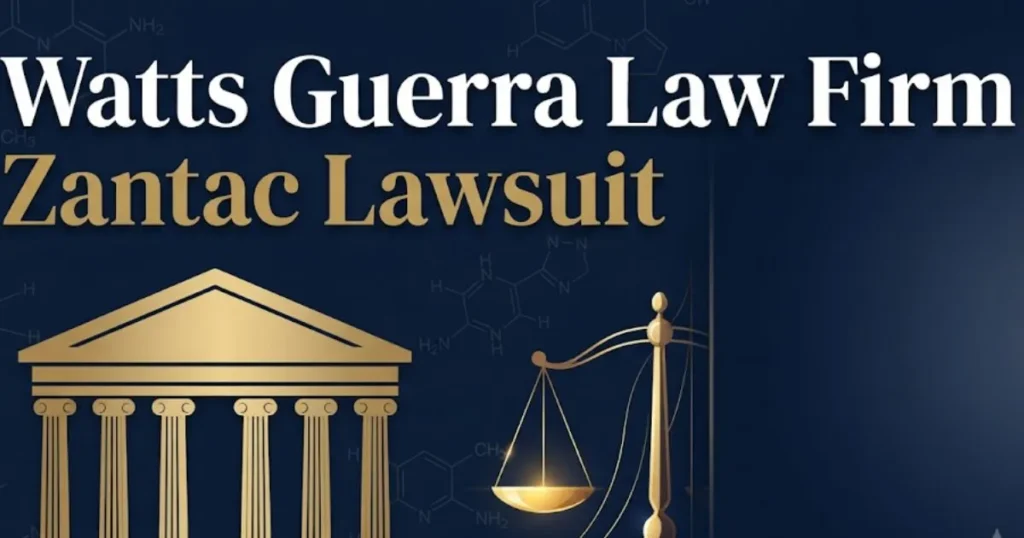 Watts Guerra law firm Zantac lawsuit 2026 guide hero banner with courthouse and legal symbols