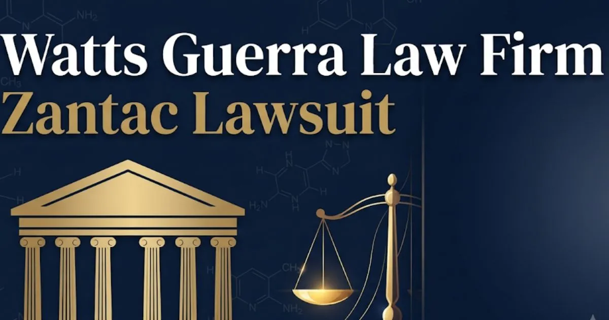 Watts Guerra law firm Zantac lawsuit 2026 guide hero banner with courthouse and legal symbols