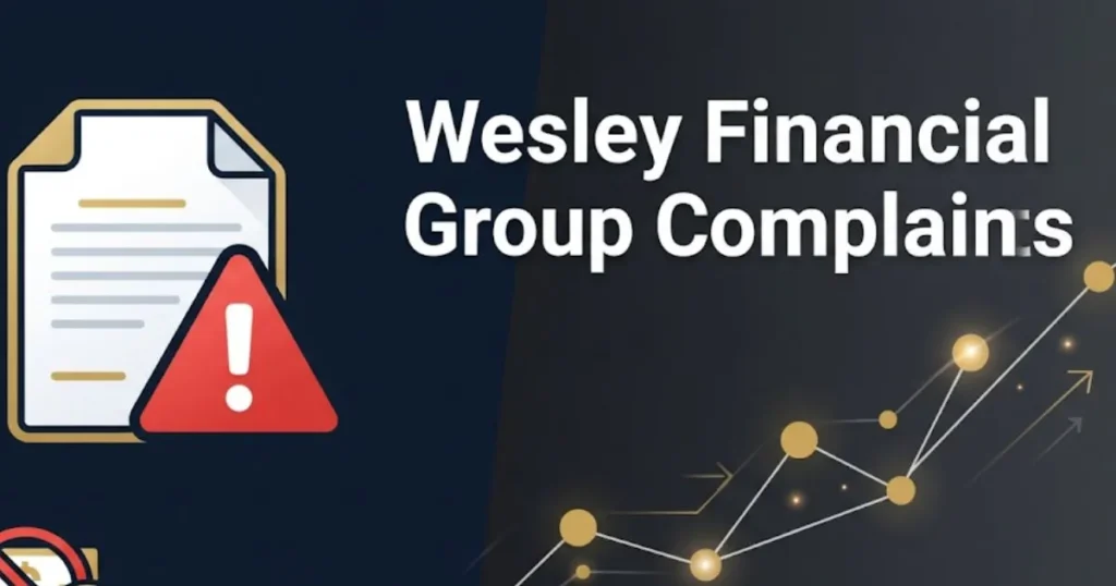 Wesley Financial Group complaints infographic with warning icon and legal timeline on navy background
