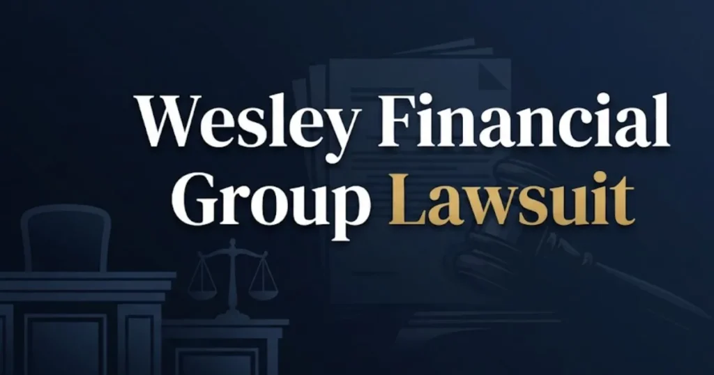 Wesley Financial Group lawsuit 2026 hero banner with legal scales and courtroom silhouette on dark navy background