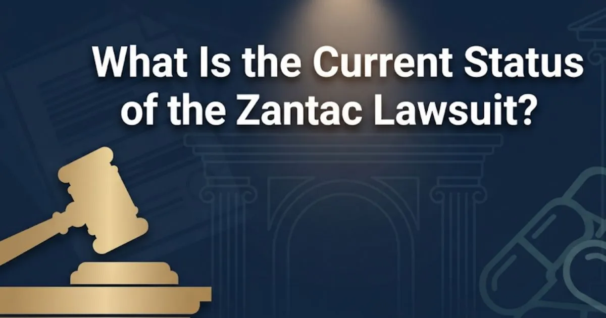 What is the current status of the Zantac lawsuit banner with gavel and legal imagery