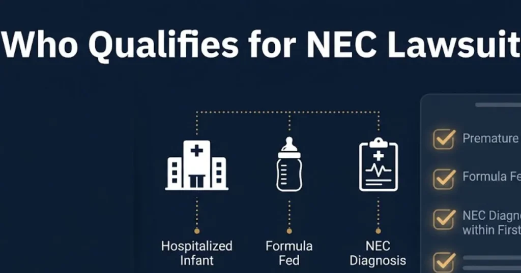 Who qualifies for NEC lawsuit infographic with eligibility icons and checklist