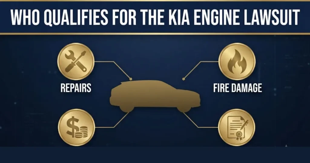 Who qualifies for the Kia engine lawsuit infographic showing claim categories and eligibility