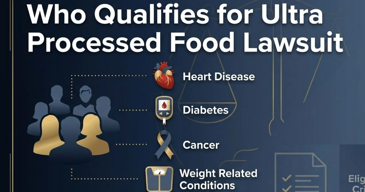 Who qualifies for ultra processed food lawsuit eligibility infographic with health condition icons