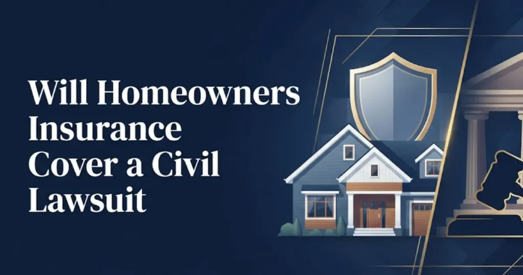Will homeowners insurance cover a civil lawsuit hero banner with house shield and courthouse icons