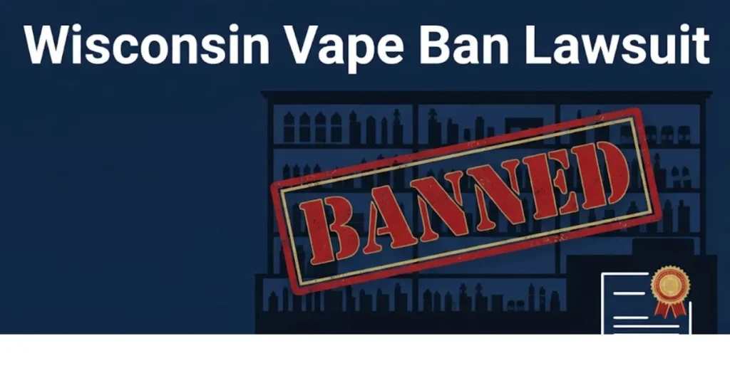 Wisconsin vape ban lawsuit graphic showing banned vape products with legal document imagery