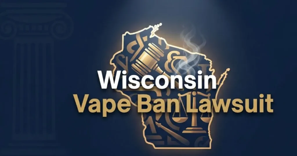 Wisconsin vape ban lawsuit hero banner with legal symbols and state outline in navy and gold