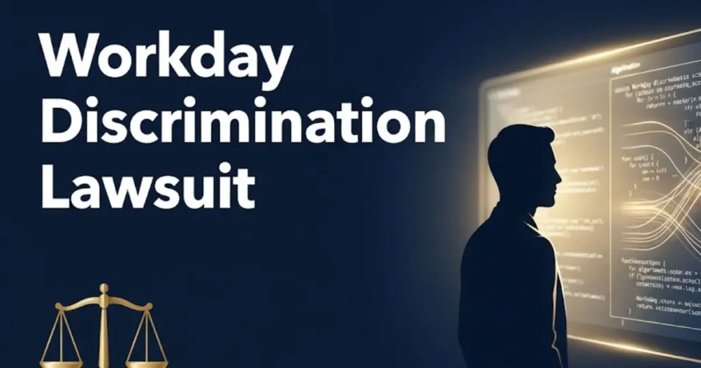Workday discrimination lawsuit blog banner with legal scale and AI hiring algorithm imagery on navy background