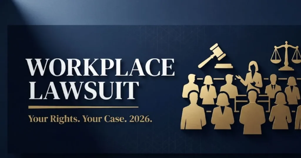 Workplace lawsuit hero banner with legal scales and office silhouettes on navy background, 2026 employment rights guide